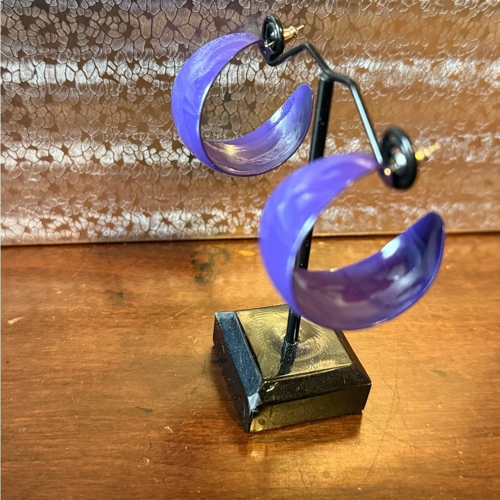 Vintage Purple Enamel Hoop Earrings, Purple Pierced Earrings, Oversized Earrings